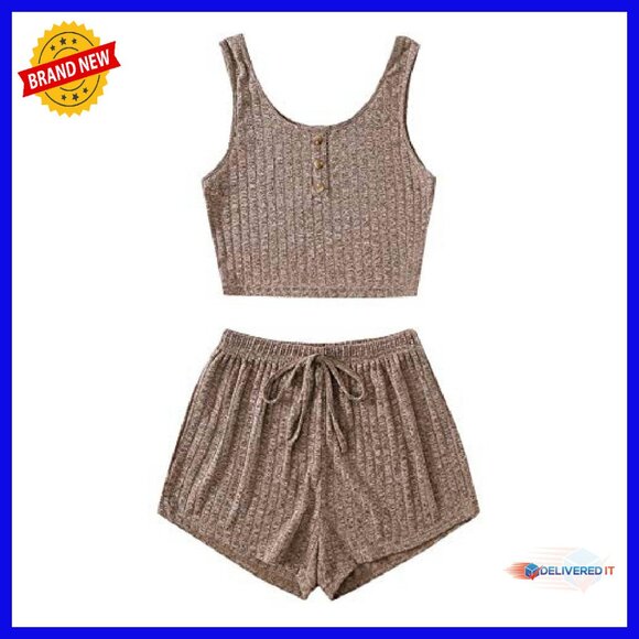 Ribbed Knit Button Front Tank & Shorts Pajama Set - Soft Lounge Wear - Picture 2 of 7